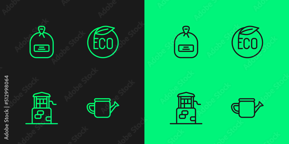 Set line Watering can, Well, Pack full of seeds and Eco healthy food icon. Vector Set line Watering can, Well, Pack full of seeds and Eco healthy food icon. Vector