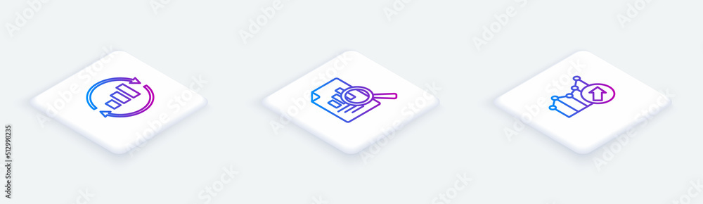 Set Isometric line Graph chart infographic, Document with and Financial growth. White square button. Vector