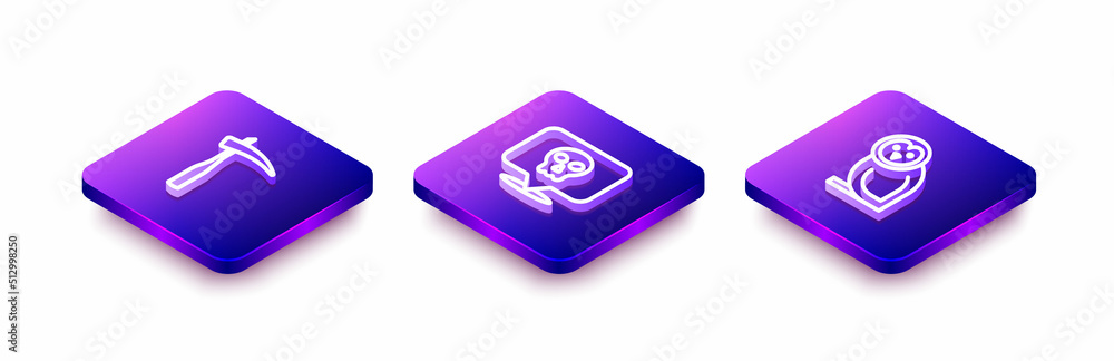 Set Isometric line Scythe, Skull and Owl bird icon. Vector Set Isometric line Scythe, Skull and Owl bird icon. Vector