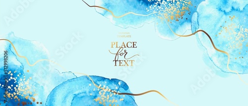Artistic horizontal background. Blue watercolor fluid painting vector design. Dusty pastel, neutral and golden marble. Dye elegant soft splash style. Alcohol ink imitation. Wedding card, cover design.
