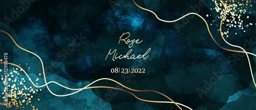 Horizontal background. Black, blue watercolor fluid painting vector design. Golden lines, splatters. Dye elegant soft splash style. Alcohol ink imitation. 