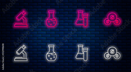 Set line Test tube, Microscope and Sulfur dioxide SO2. Glowing neon icon on brick wall. Vector