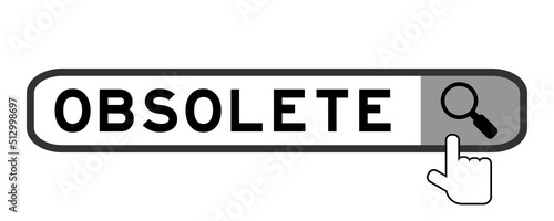Search banner in word obsolete with hand over magnifier icon on white background