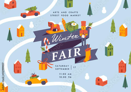 Vector winter fair poster, flyer or banner or banner template. Christmas holiday season recreation and public event.