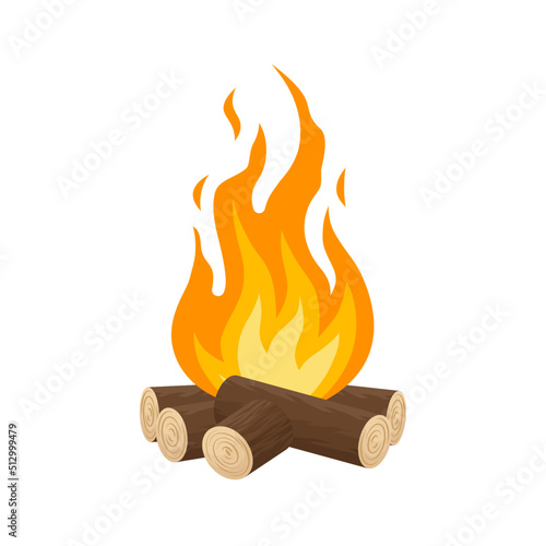 Bonfire in vector cartoon style. Campfire with firewood. Pyramid firewood pile. Stack of bricks. Fireplace
