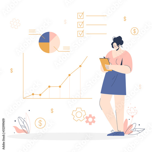 Start-up and business concept. Girl is holding clipboard in the front of marketing data presented as a line and pie chart. Planning to-do list. Vector illustration isolated on white background.