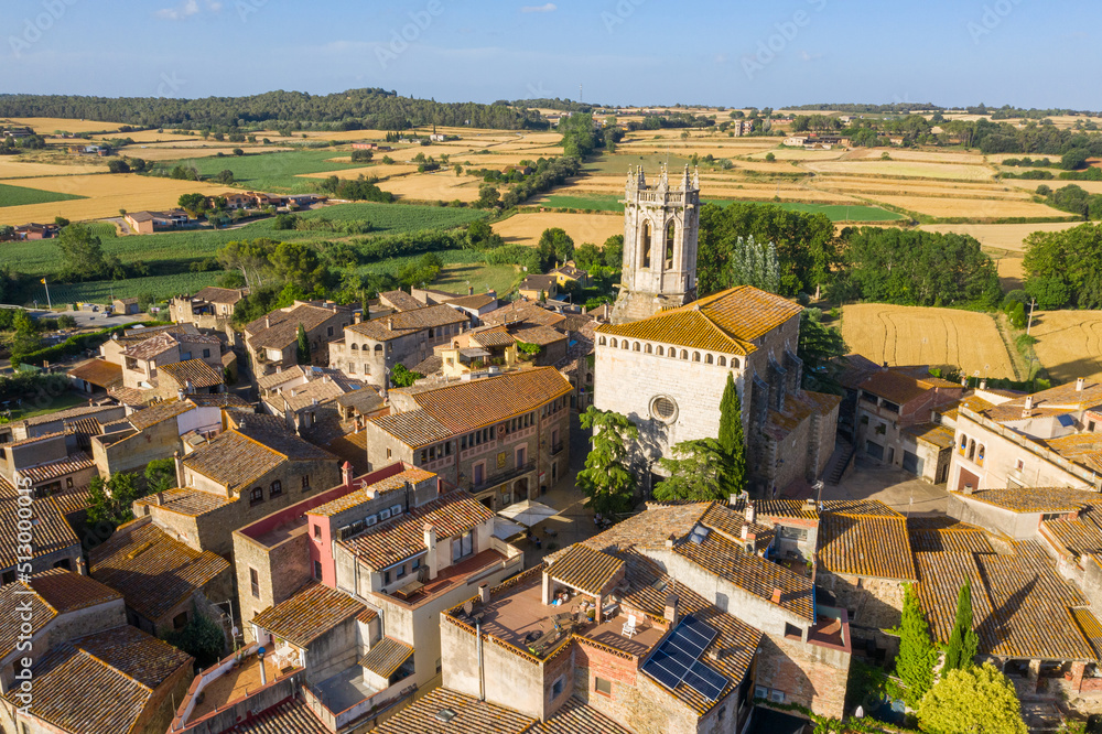Aerial drone photo top view from above of La Pera small town in municipality in Catalonia, north-eastern Spain. It includes the village of Púbol. 