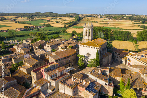 Aerial drone photo top view from above of La Pera small town in municipality in Catalonia, north-eastern Spain. It includes the village of Púbol.  © Iryna&Maya