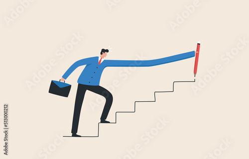 Develop potential for success. Career advancement. Promotion..Increase opportunities for different roles. Businessman use  pencil to draw rising up staircase.