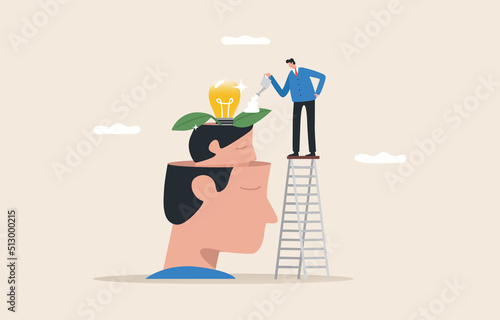 Growth Mindset. Person abilities or intelligence can develop over time. Psychological Types of Creativity. Businessman watering light bulb plants.