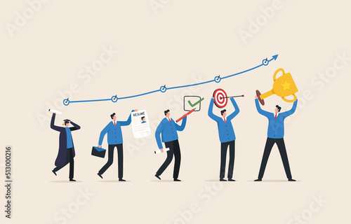 Career planning  to growth. Goals for success in life. Career development and effective professional progress. A young man plans his work life after graduation.