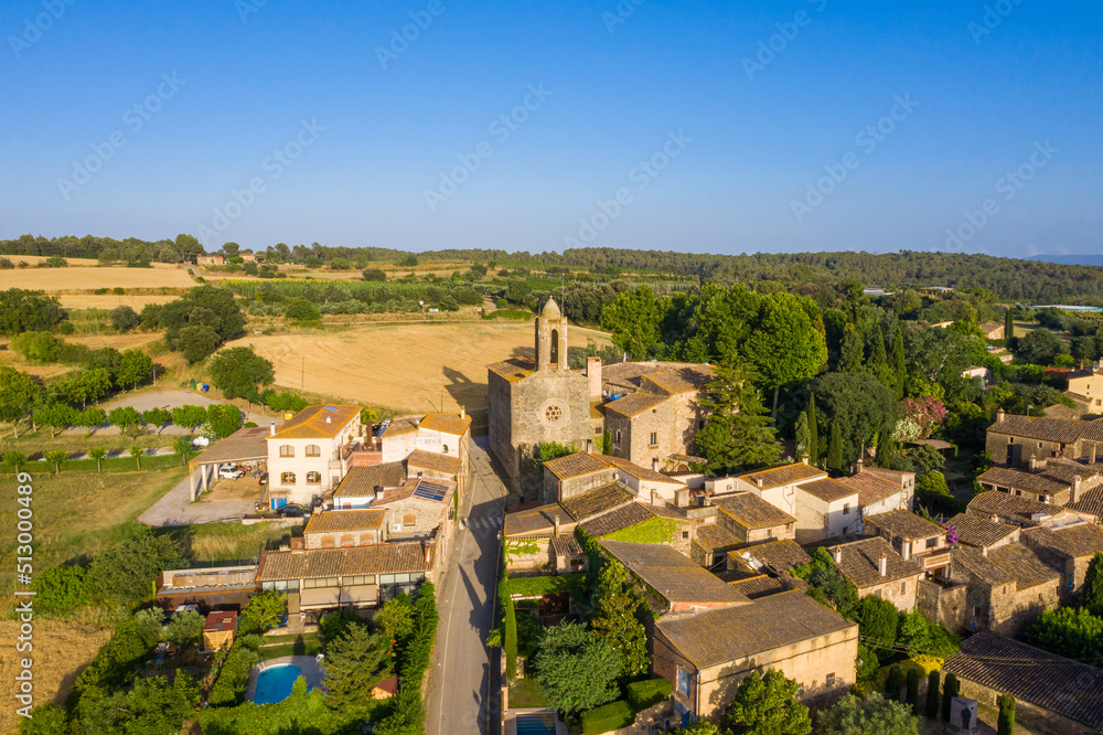 Aerial drone photo of Spanish city Pubol. castle of pubol spain. small town located in the municipality of La Pera province of Girona, Catalonia. Top view from above
