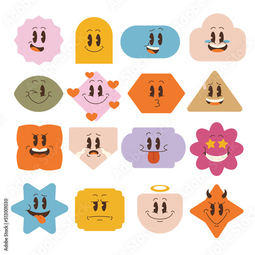 Line Art chunky Hippie Retro hippie stickers, psychedelic groovy set bundle elements. Cute vintage icons Sticker Label in 70s, 80s, 90s style. Flat illustration, emoticon emoji design templates.