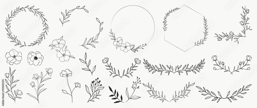 Minimal botanical wedding frame elements on white background. Set of wreath, flowers, leaf branches in hand drawn pattern. Foliage line art design for wedding, card, invitation, greeting, logo. Minimal botanical wedding frame elements on white background. Set of wreath, flowers, leaf branches in hand drawn pattern. Foliage line art design for wedding, card, invitation, greeting, logo.