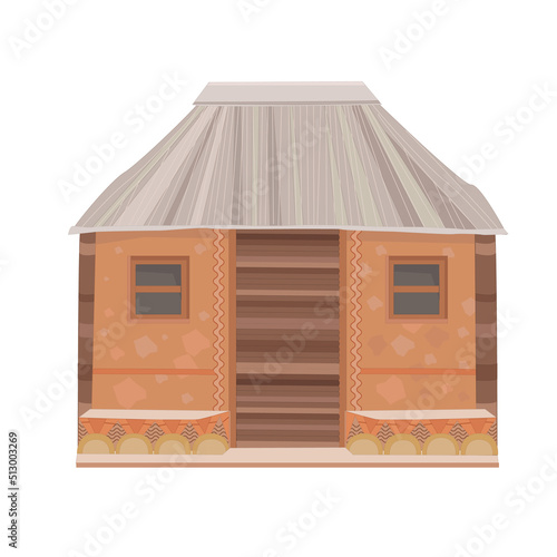 hut with grey thatched roof, clay walls, wooden door and cute de