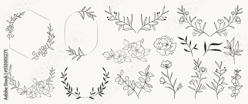 Minimal botanical wedding frame elements on white background. Set of wreath, flowers, leaf branches in hand drawn pattern. Foliage line art design for wedding, card, invitation, greeting, logo.