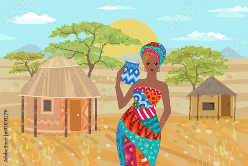 beautiful african woman holding jug of water standing by village
