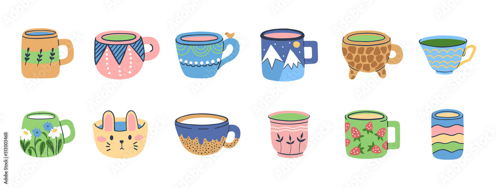 Set of various cups with tea or coffee. Handmade ceramic with hand drawn patterns on cup and mug. Colored trendy vector illustration. Set of various cups with tea or coffee. Handmade ceramic with hand drawn patterns on cup and mug. Colored trendy vector illustration.