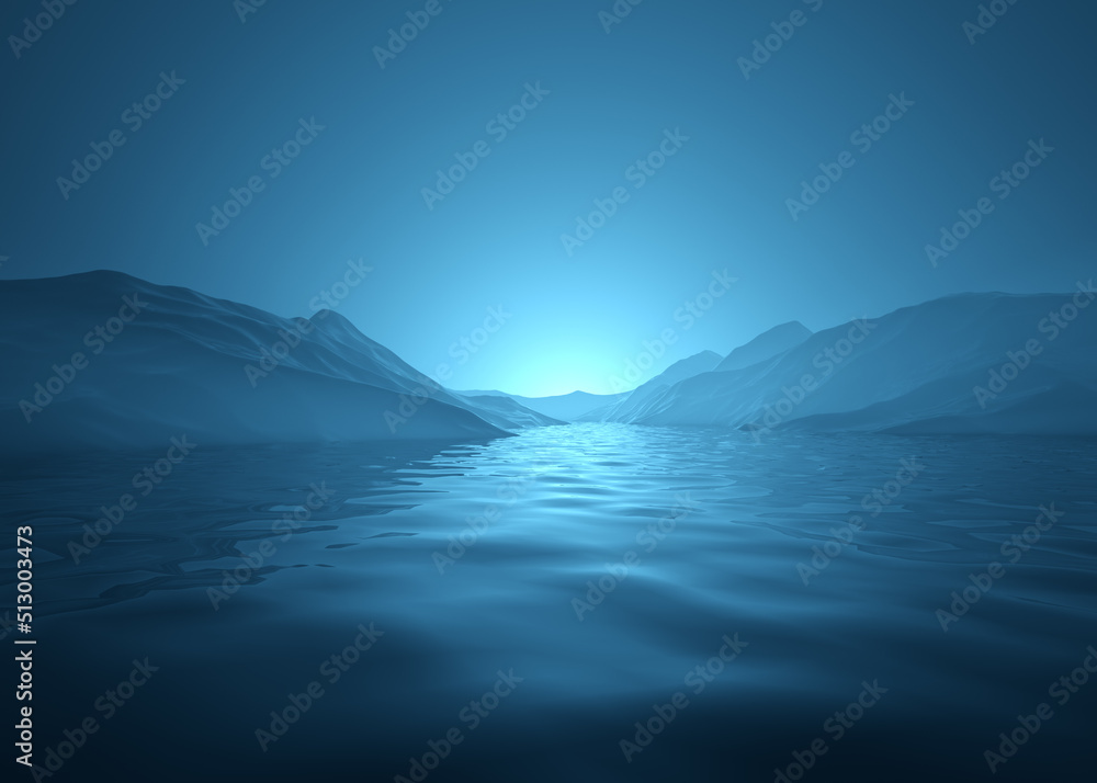 Blue Sunrise Scenic 3D Rendered Illustration Mountain Range and Calm Water Background