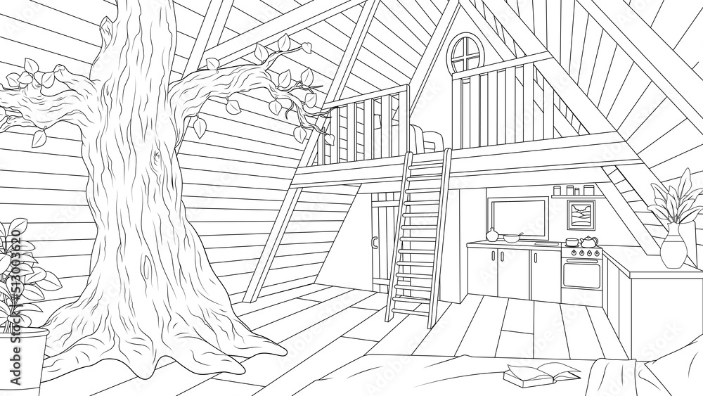 Fototapeta premium Vector illustration, house interior with second light with tree inside the house