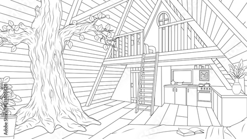 Vector illustration, house interior with second light with tree inside the house