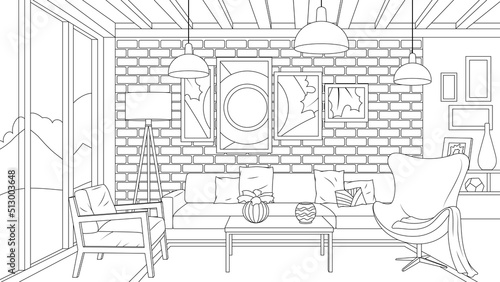 Vector illustration, interior design of a living room in a private house