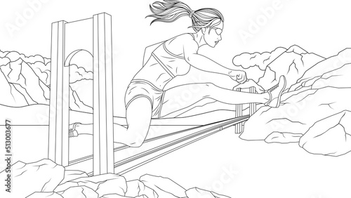 Vector illustration, girl giant goes in for sports with obstacle course