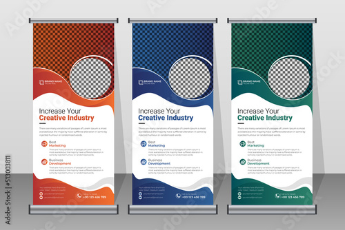 Modern corporate travel roll up banner design template with modern round shapes