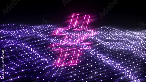 Spinning loopable neon hashtag character on a dark background