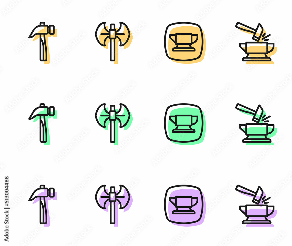 Set line Blacksmith anvil tool, Hammer, Medieval poleaxe and Anvil and hammer icon. Vector Set line Blacksmith anvil tool, Hammer, Medieval poleaxe and Anvil and hammer icon. Vector