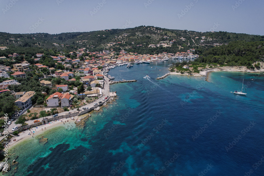 Scenic ionian islands of Greece - Paxos. view of Gaios Town aerial top view drone
