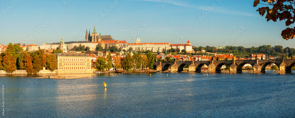 View of the Cathedral of St. Vitus and Charles Bridge, Prague, Czech Republic.