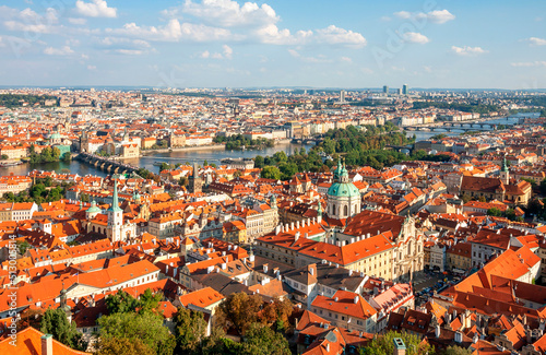 Aerial view of houses and roofs of Prague old city town.
