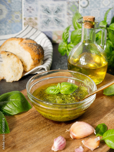 olive oil, pesto and basil