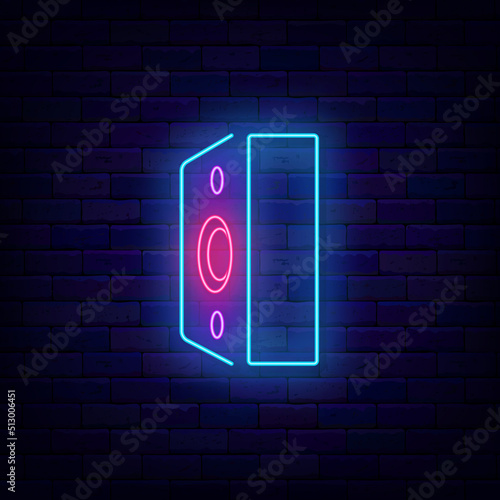 Music column on side neon sign. Dance party. Night club logo. Karaoke and show item. Vector stock illustration