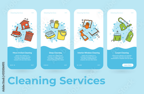 Cleaning service onboarding web application page screen set vector illustration