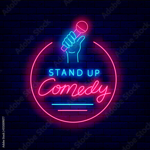 Stand up comedy neon circle signboard. Microphone in hand. Comic show. Light sign. Vector stock illustration