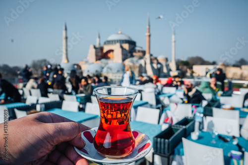 Fotografie, Obraz colorful traditional turkish tea in front of Hagia Sophia Mosque, Istanbul