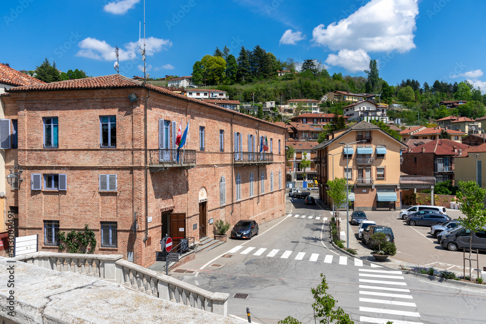 Monforte d'Alba, langhe, Italy - May 02, 2022: the town hall building of Monforte d'Alba village on the Langhe hill of the barolo wine vineyards