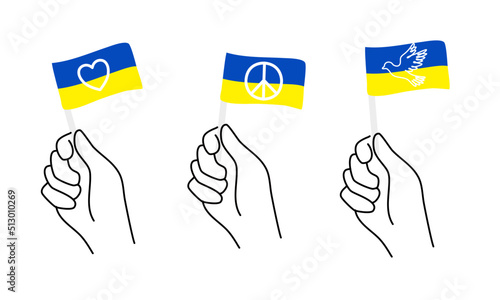 Set of hand hold Ukraine flag with peace symbol, dove and heart illustration single line in flat style isolated on white background for banner, postcard, poster etc.