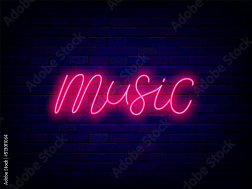 Music neon lettering word. Pink text on brick wall. Talent show. Musical concert. Light sign. Vector stock illustration
