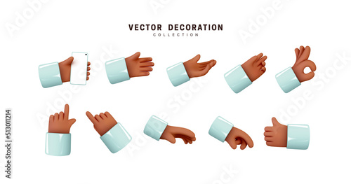 Hands set of realistic 3d design in cartoon style. Hand shows different gestures signs. Vector illustration