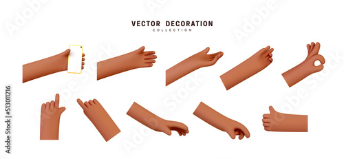 Hands set of realistic 3d design in cartoon style. Hand shows different gestures signs. Vector illustration