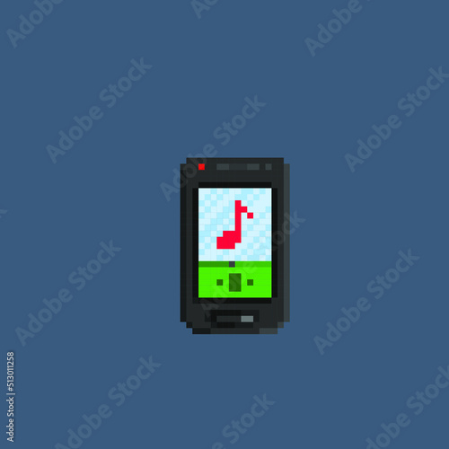 pixel art black mobile phone with playing music in screen