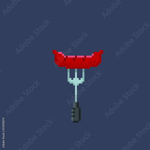 sausage with fork in pixel art style