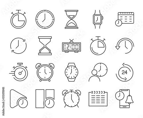 Set of time, clock, calendar line icons with editable stroke line. Simple vector illustrations.	