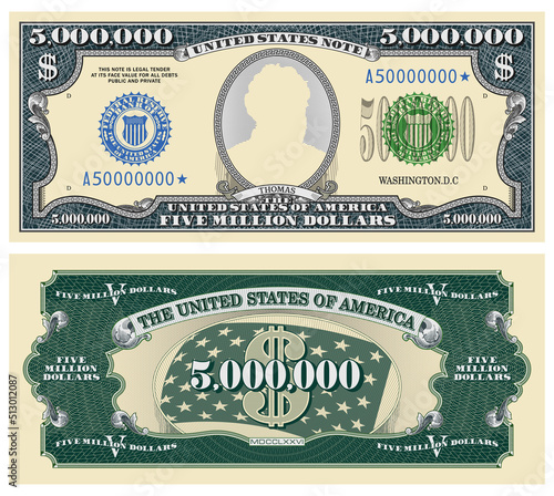 Vector fictional template obverse and reverse of US paper money. Five million dollars banknote. Oval and guilloche frames. Shield with ribbon. Thomas