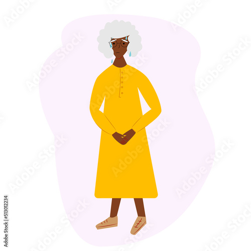 Urinary incontinence problem. Elderly african american women wants to pee. The old women feels pain in his groin. Experiencing pain. Flat vector illustration.