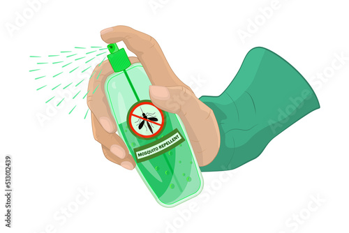 Hand with mosquito repellent.Insect repellent spray in arm.Hand holding gnat spray.Mosquito repellent aerosol can.Hand presses the dispenser on bottle of mosquito repellent.Pest control concept.Vector