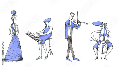 122 / 5.000
Risultati della traduzione
musical set: classical instruments: piano, recorder, violin and cello. Musicians men and women, illustration, blue. photo